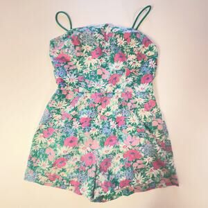 1960s/70s Floral Cotton Playsuit •  Sea Waves • Vintage Size 16 • Made in USA